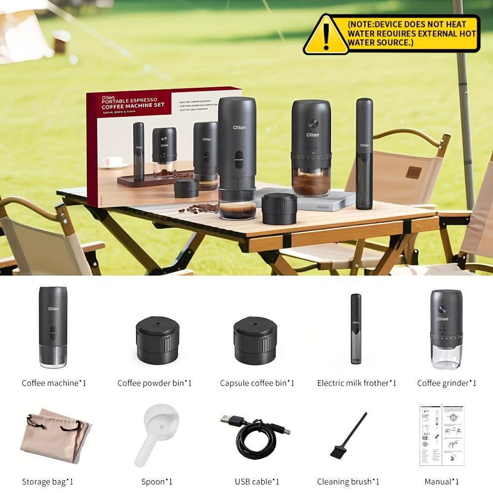 CLITON Portable Espresso Machine with Milk Frother & Built-In Grinder