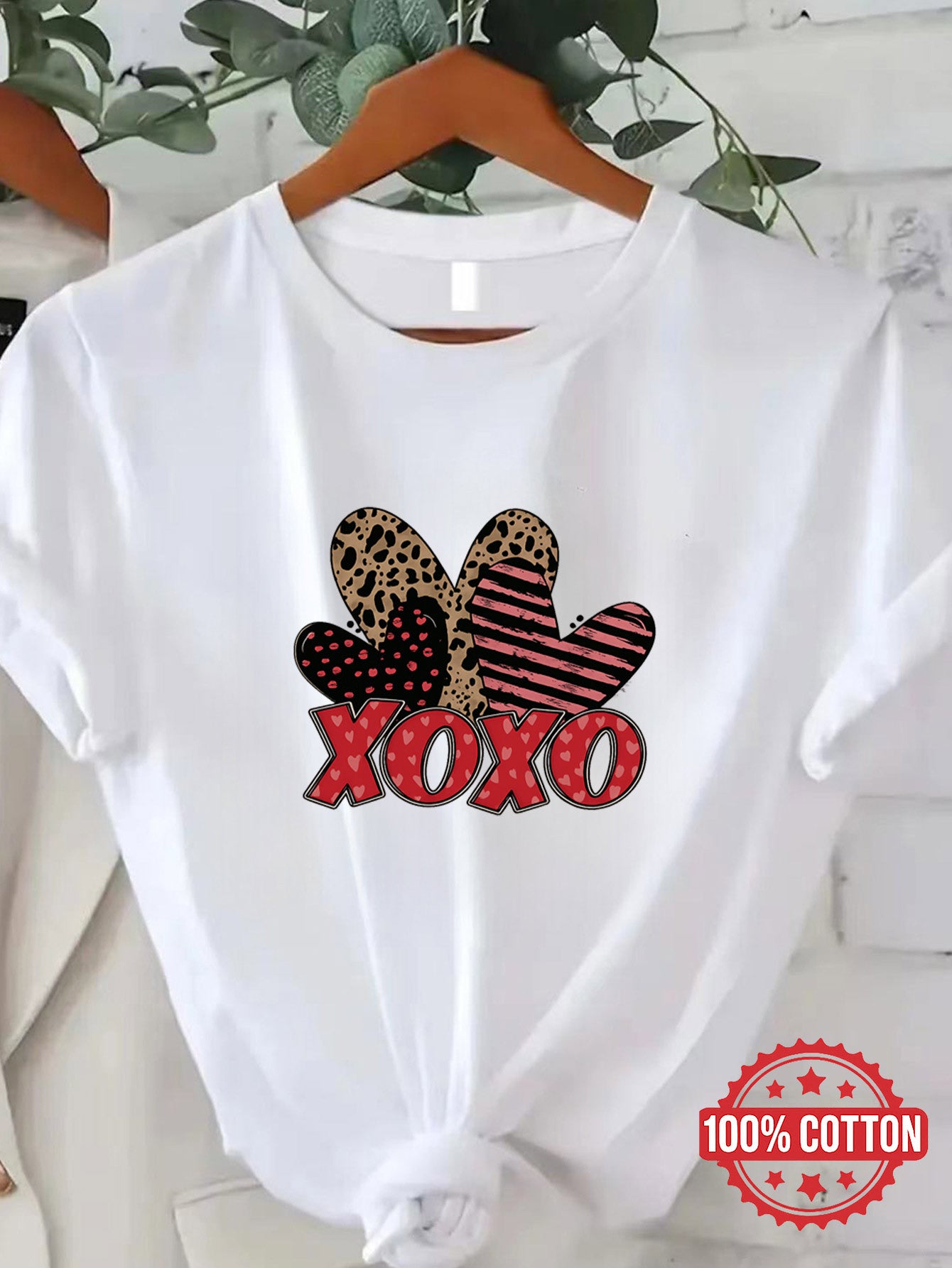Leopard and Striped Heart Graphic Short-Sleeved Shirt