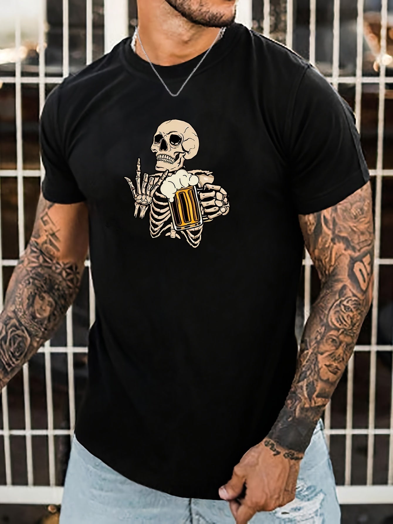 Skeleton Drinking Beer Graphic T-Shirt