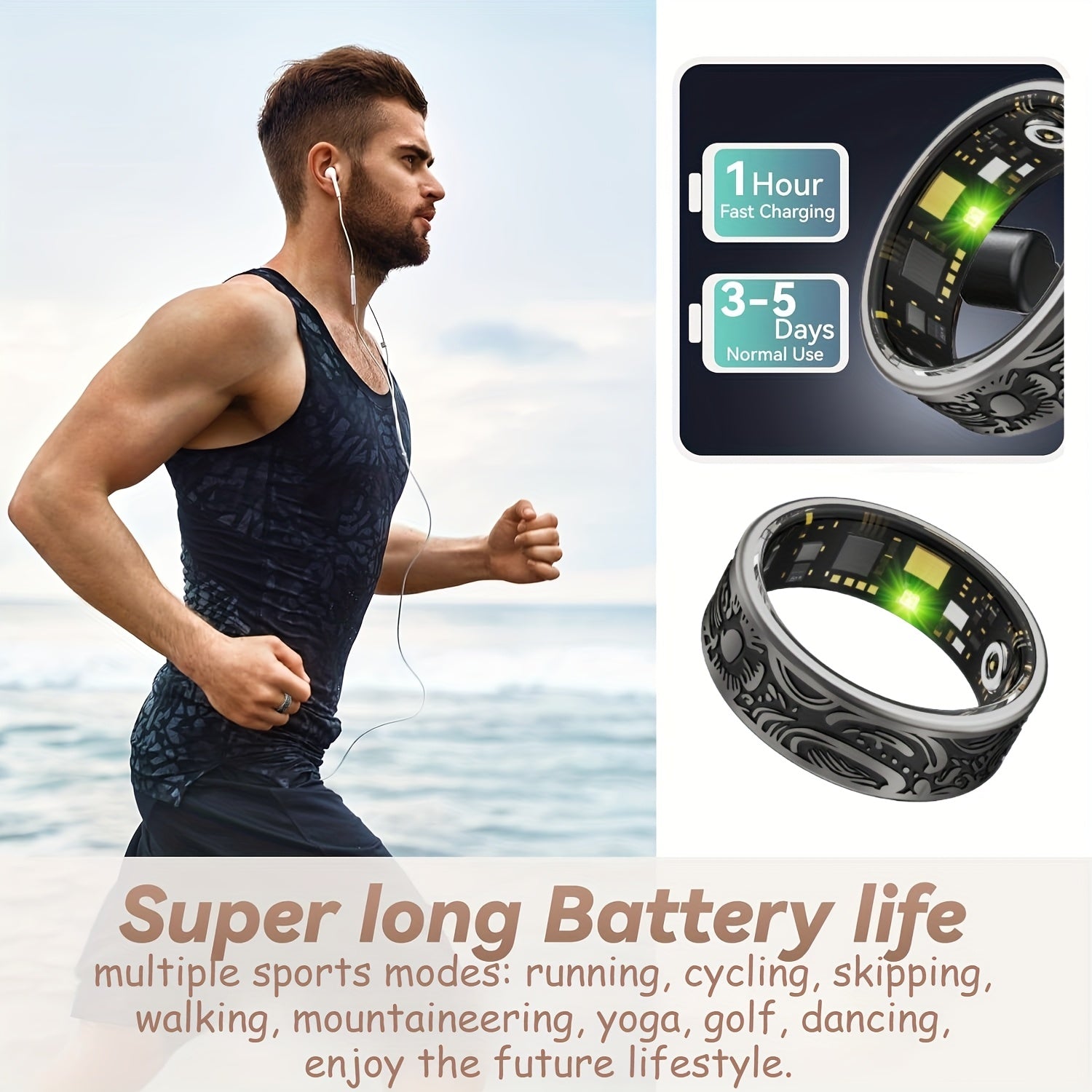 Engraved dark smart ring