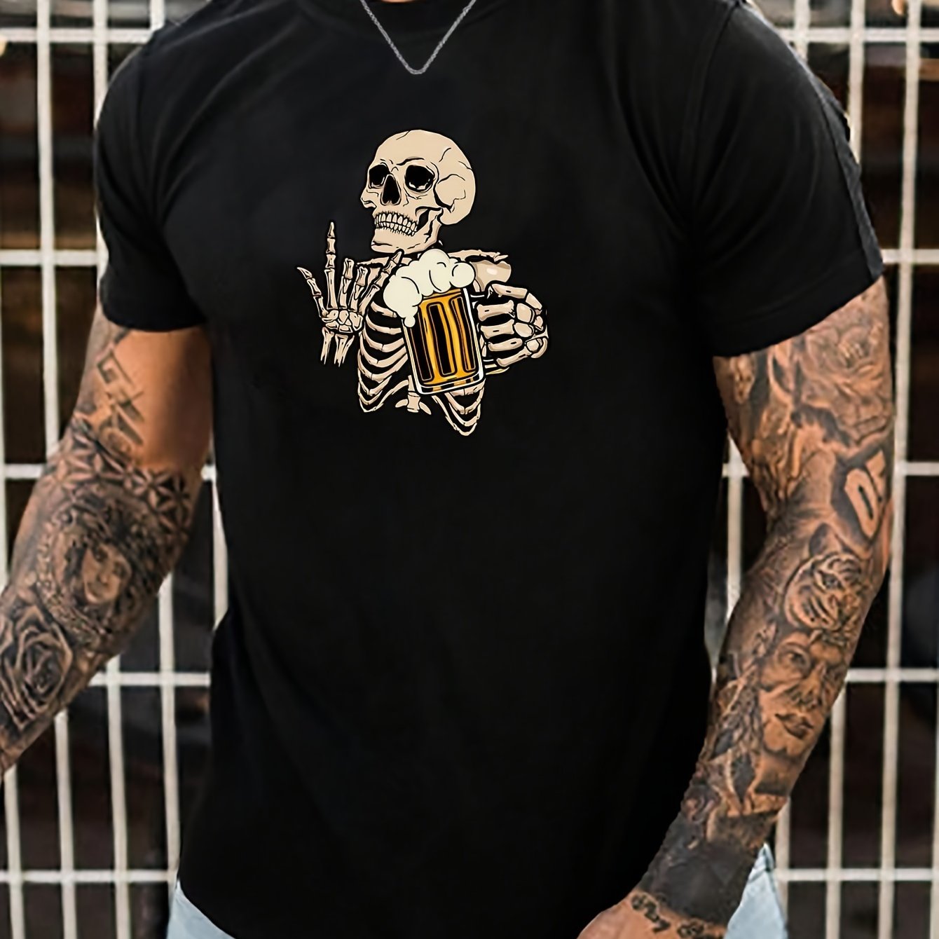 Skeleton Drinking Beer Graphic T-Shirt