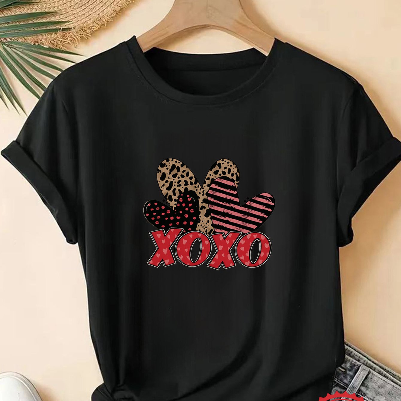 Leopard and Striped Heart Graphic Short-Sleeved Shirt