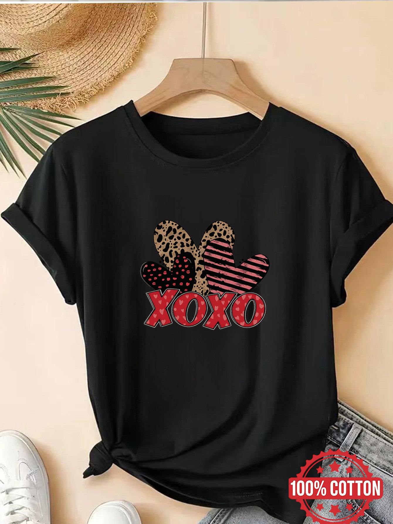 Leopard and Striped Heart Graphic Short-Sleeved Shirt