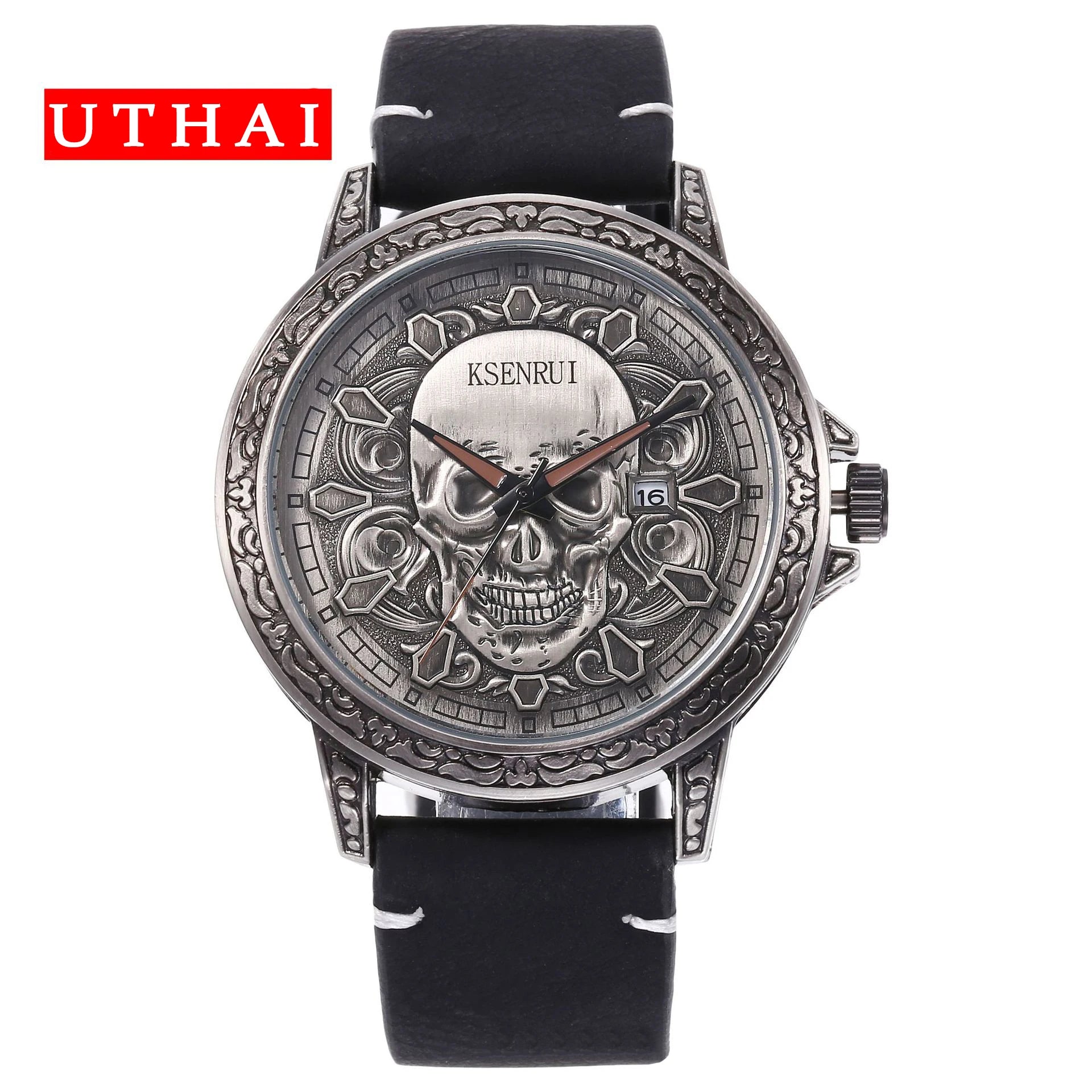 UTHAI Skull Leather Strap Quartz Watch