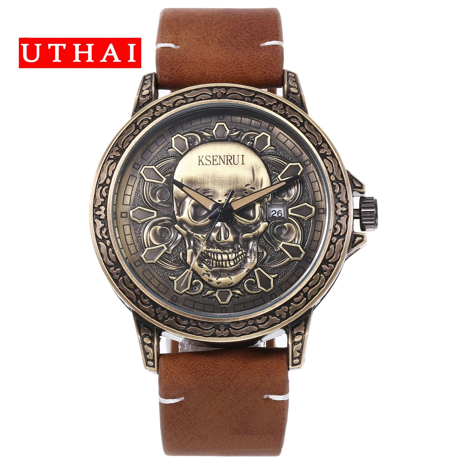 UTHAI Skull Leather Strap Quartz Watch