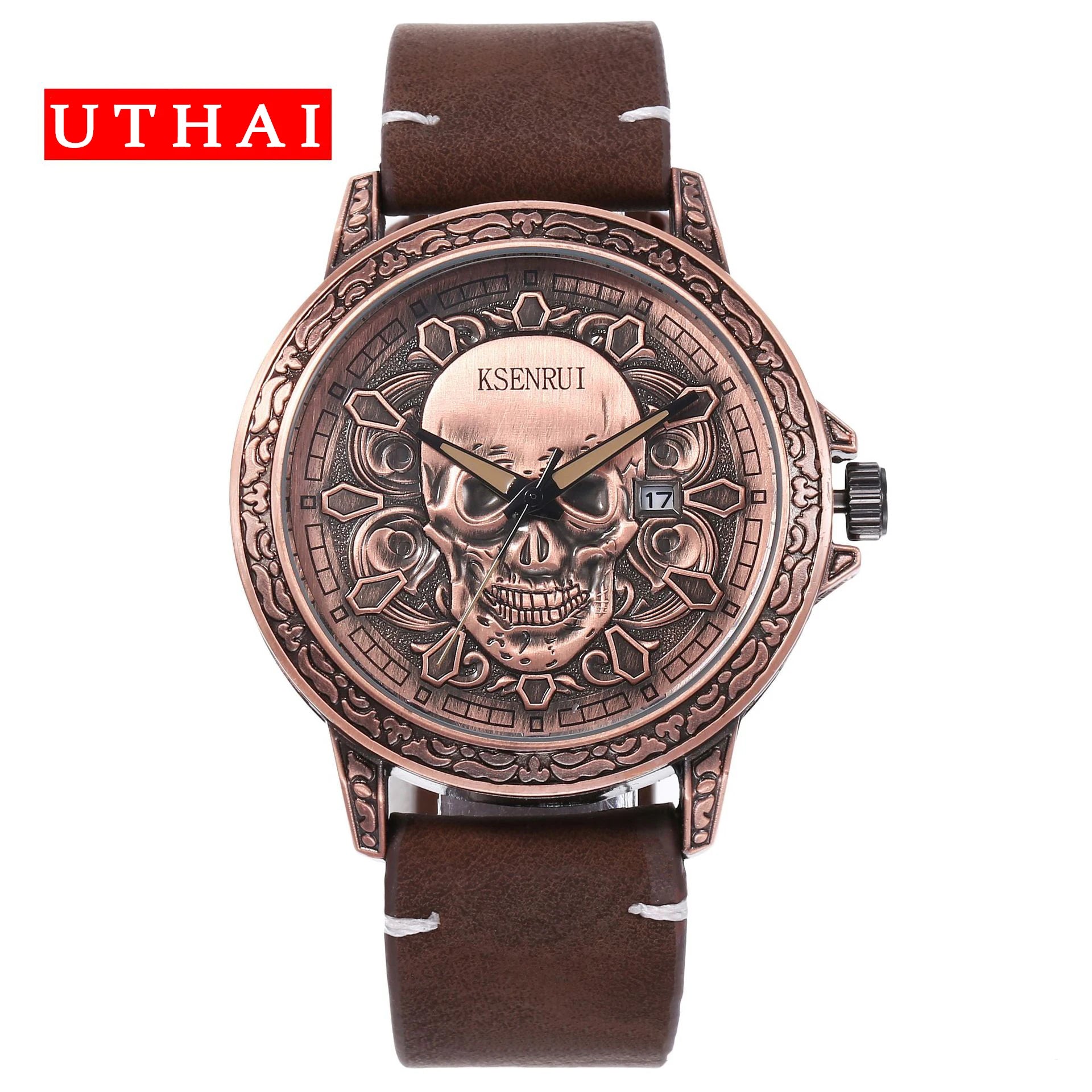 UTHAI Skull Leather Strap Quartz Watch