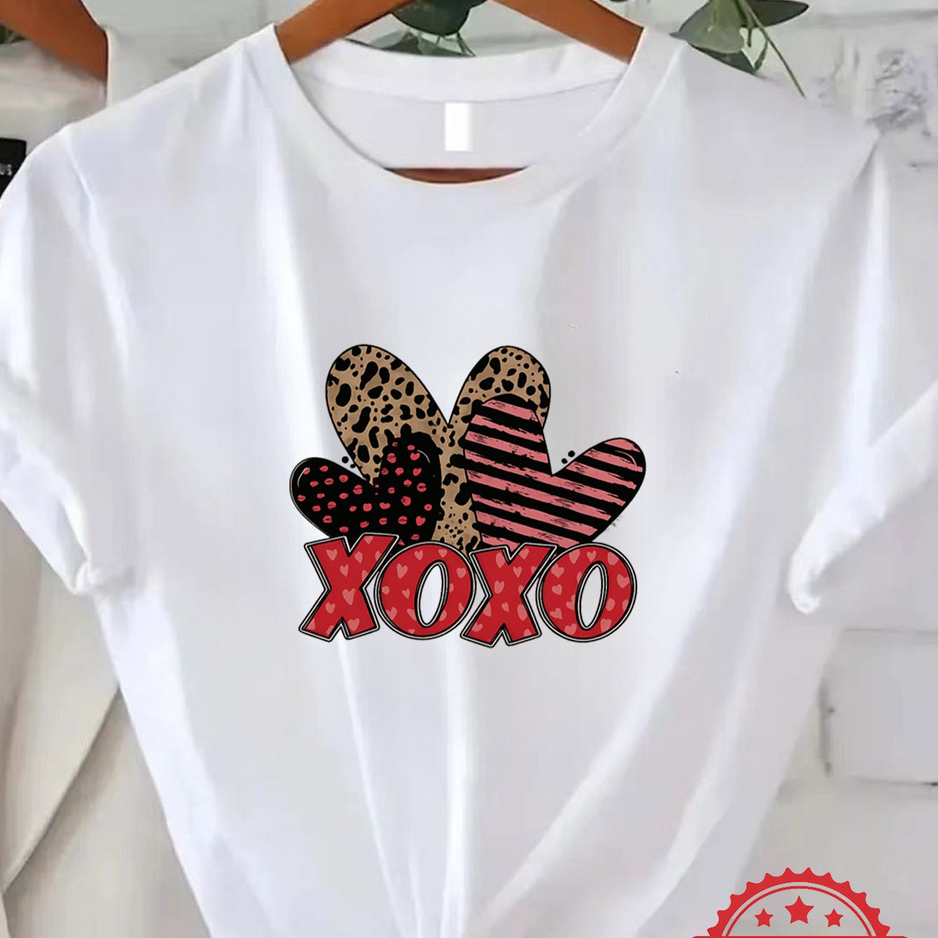 Leopard and Striped Heart Graphic Short-Sleeved Shirt